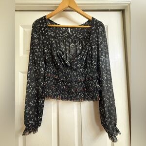 Free People Black Floral Smocked Top XS